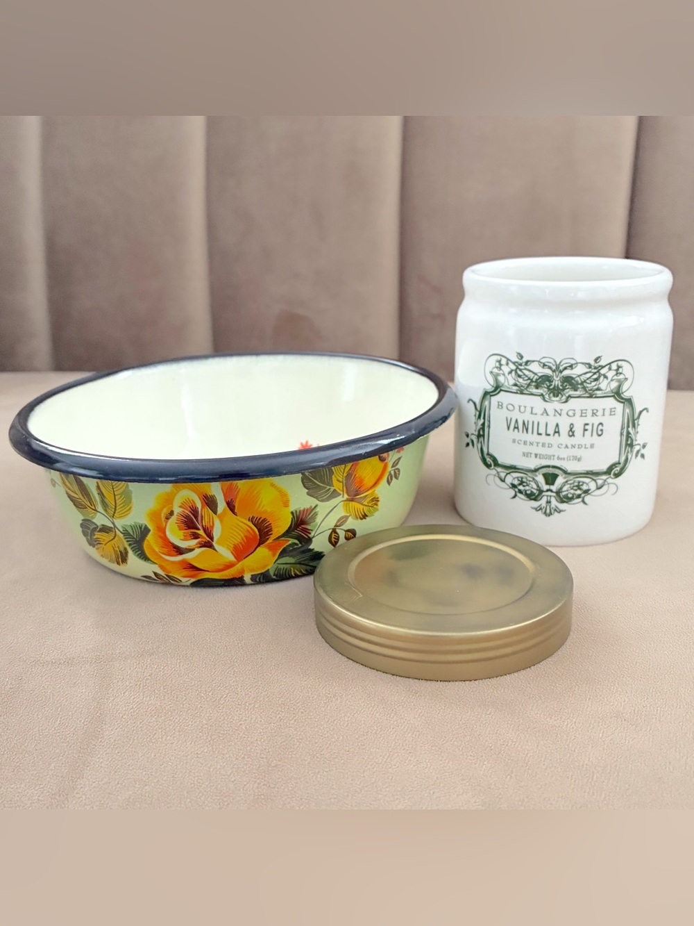 Set of Anthro Boulangerie candle crock empty, holder only and metal enamel bowl